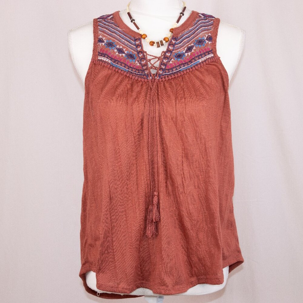 No Boundaries Burnt Orange Sleeveles Boho Tapestry and Crochet Tassle Tie Blouse